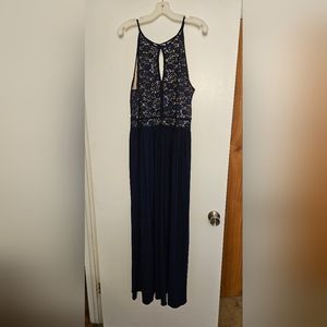 Navy Blue Lace Sequin Bodice Keyhole Evening Gown